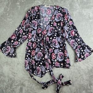 Loft Wrap Top Womens Medium Black Pink Purple Floral V Neck 3/4 Bell Sleeve Boho